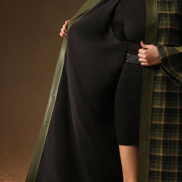 Green Casual Women's Elegant Classic Patchwork High Collar Plaid Tweed Coat - Picture 4 of 7